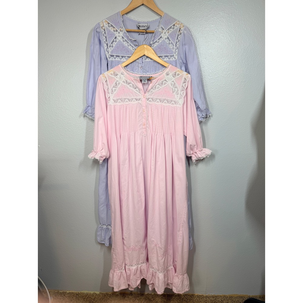 Saybury Nightgown Set Women M Pink Purple Cotton Lace Trim Floral Embroidered